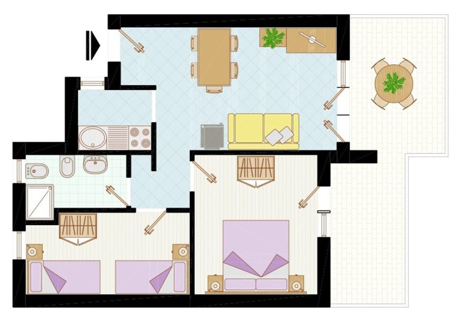 Een plattegrond van een hotelkamer met een kitchenette, een zithoek met een bank en een eettafel, en een afzonderlijke slaapkamer met een bed en een badkamer.