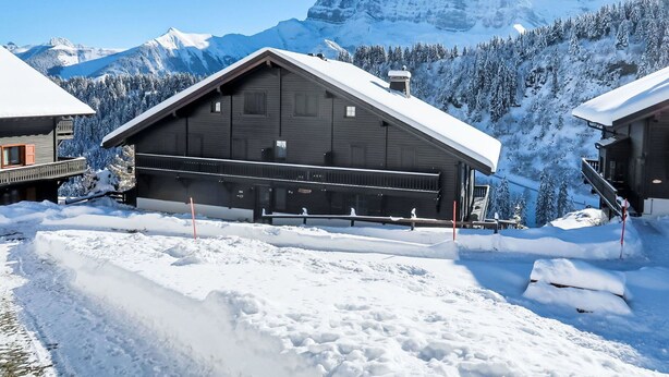 A wooden chalet with a sloped roof, surrounded by snow-covered mountains and trees.