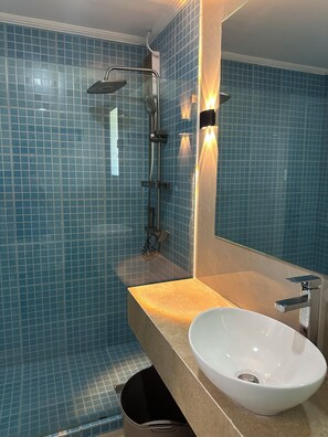 Shower, hair dryer, bidet, soap