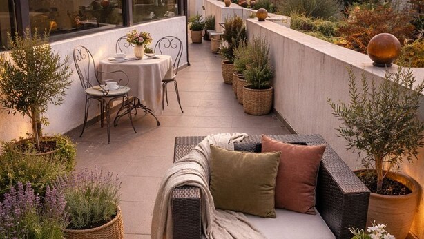 A rooftop terrace with a seating area, potted plants, and a view of the cityscape. - NMetechi  (Tbilisi)