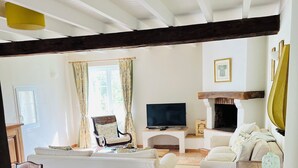 A spacious living room with a sofa, a television, and a fireplace. - Beautiful gite set among vineyards with hot tub and use of heated swimming pool (Loubens)