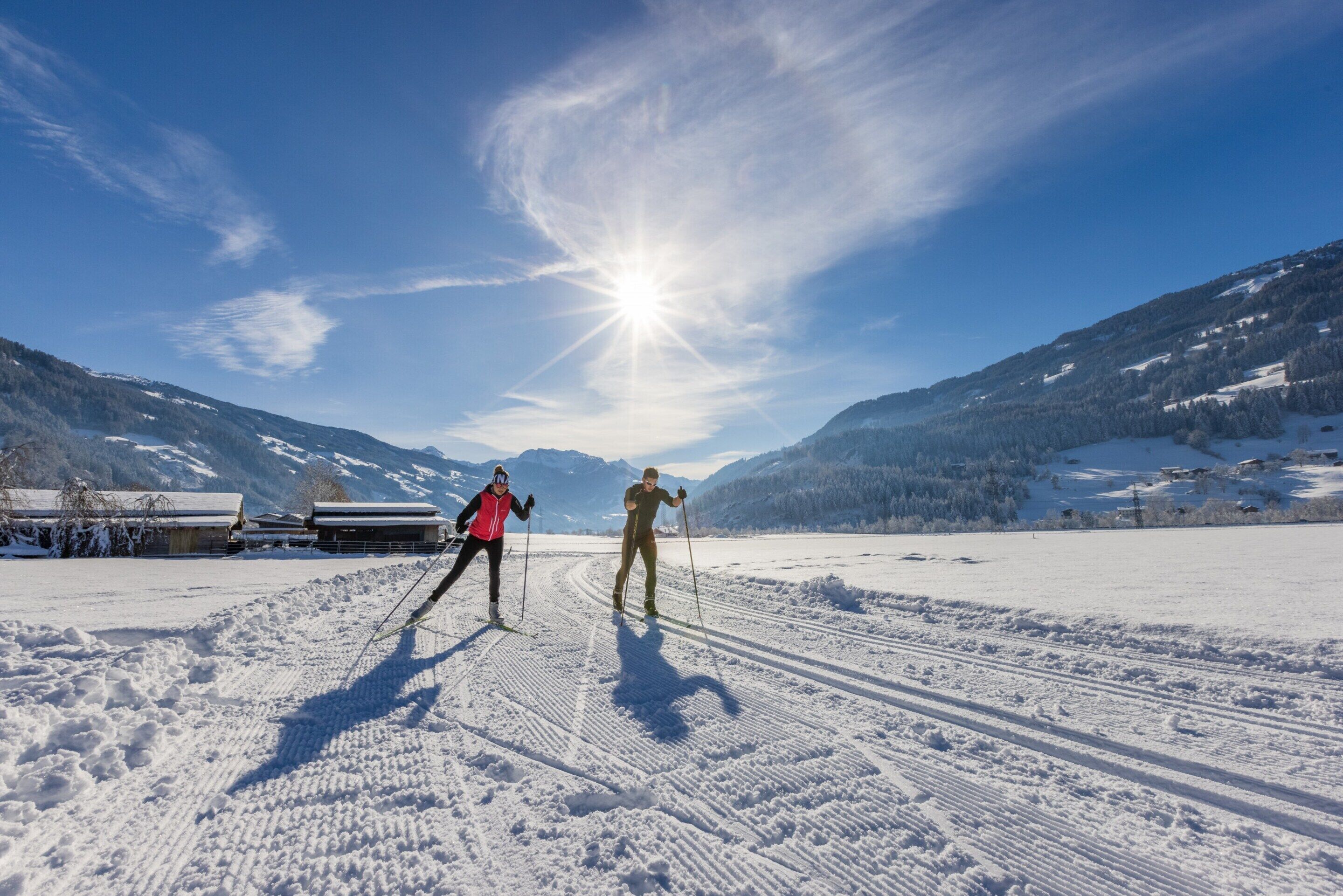 Een besneeerd landschap met twee skiërs.