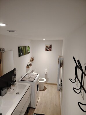 Regadera, secadora de cabello, toallas, jabón 