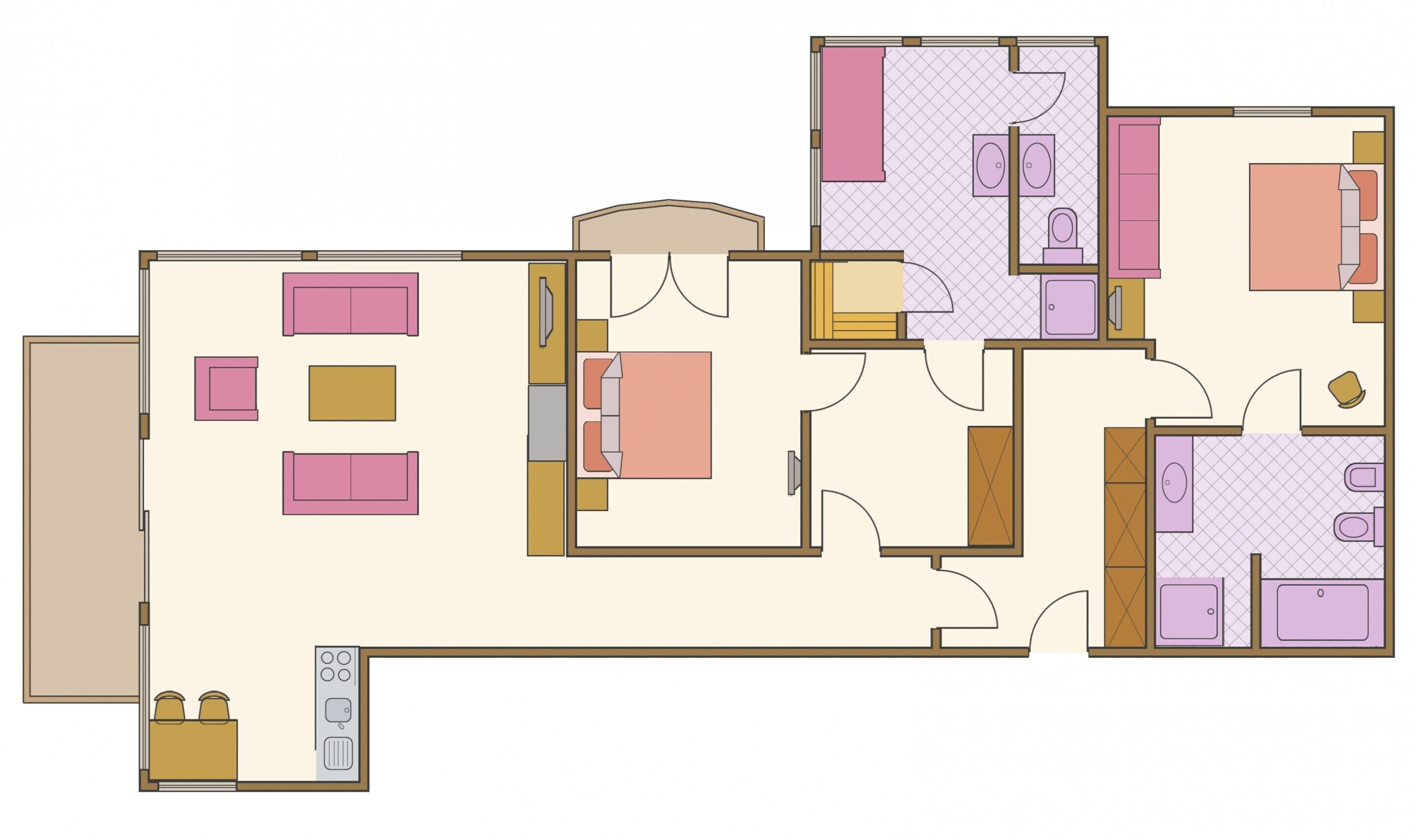 Un hôtel proposant des chambres avec un salon, une cuisine, deux chambres, une salle de bain et un petit coin repas.