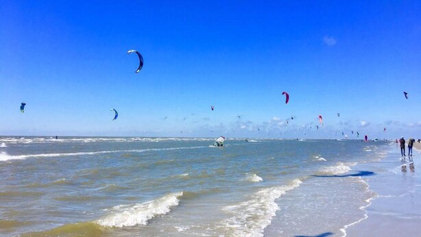 Ein Strand mit Menschen und Drachen.