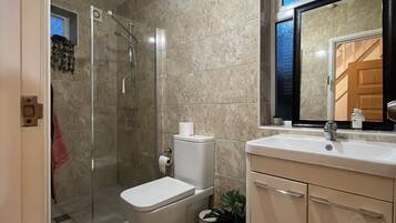 Shower, hair dryer, towels, soap