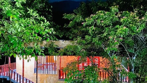 A multi-story building with a staircase leading to the upper floor, surrounded by dense greenery. - Sinharaja Eco Lodge  (Neluwa)