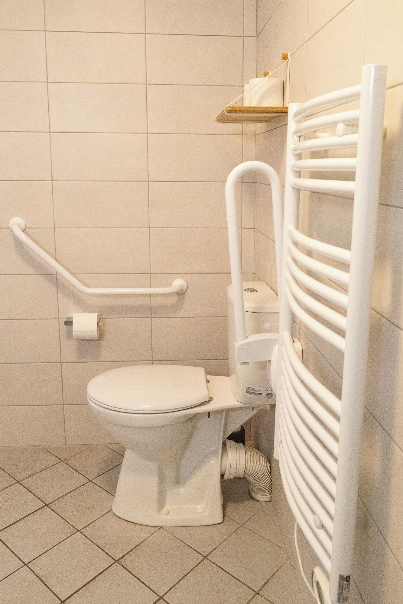A modern bathroom with a white toilet, grab bars, and a white radiator.
