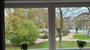 Une pièce dotée de deux fenêtres, chacune ornée d’un pot de fleurs placé sur le rebord.