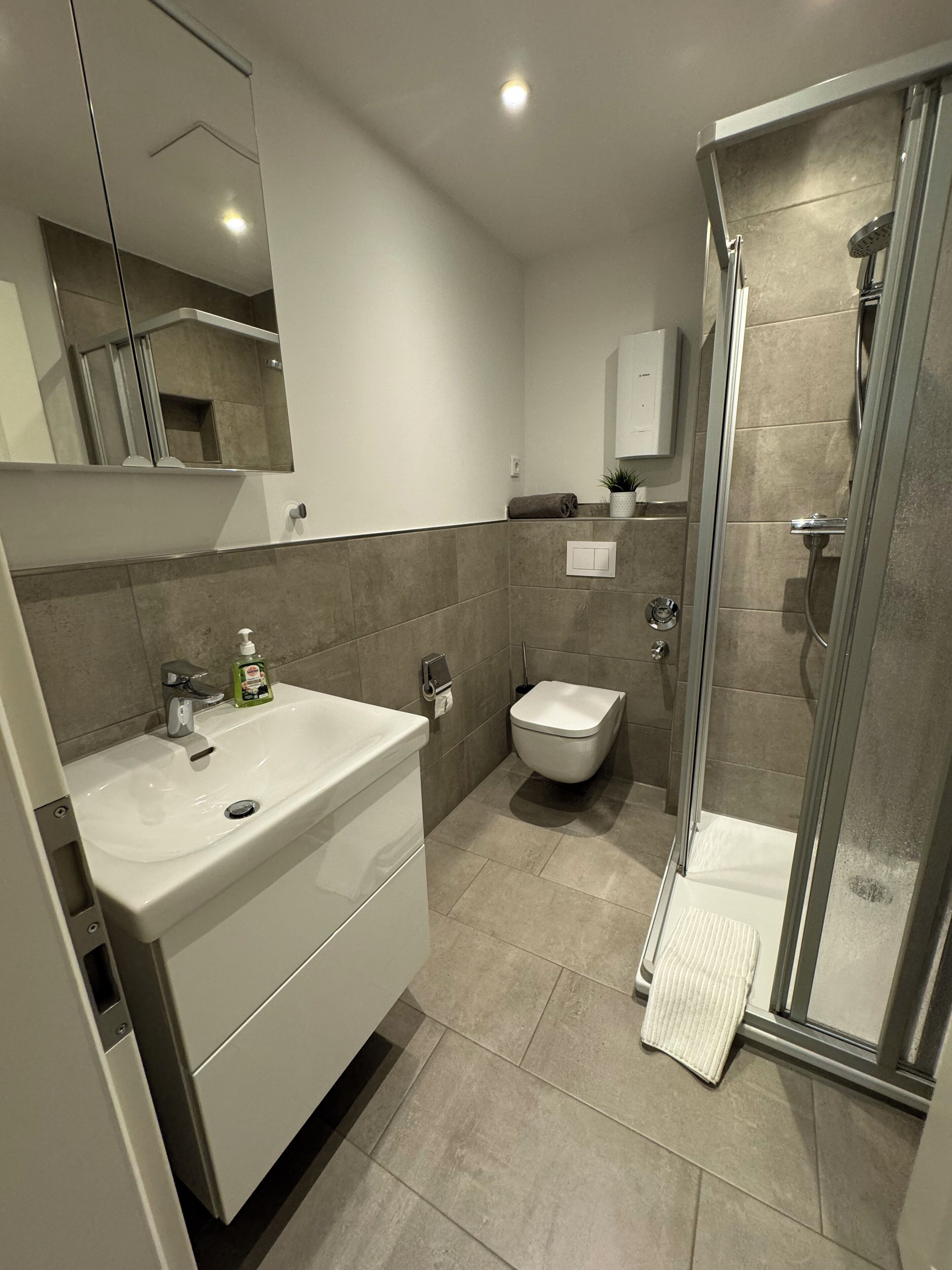 Shower, towels, soap, toilet paper