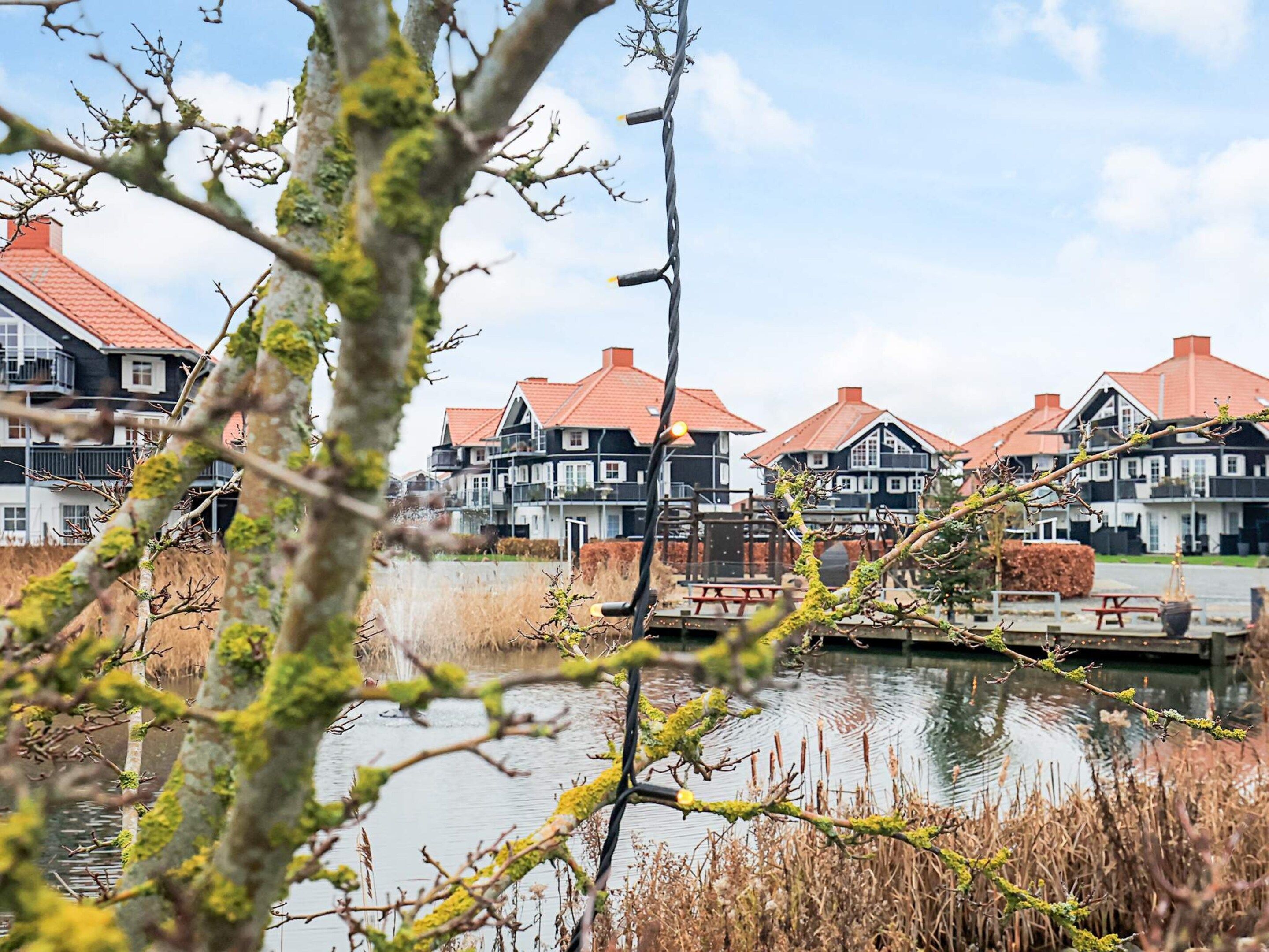 A row of traditional houses with red roofs, a pond in the foreground, and a clear sky.