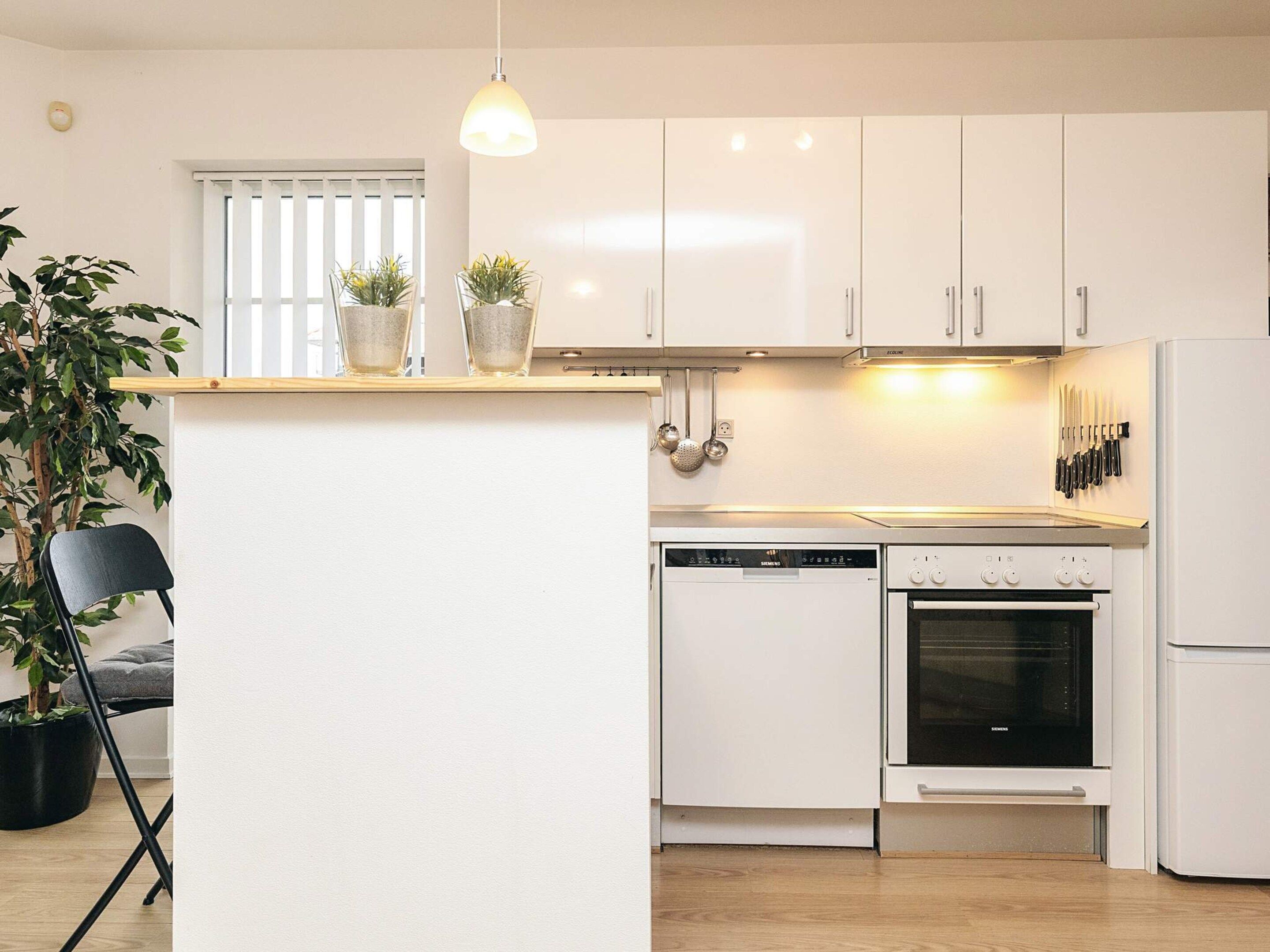 A modern kitchen with white cabinets, a dishwasher, an oven, and a countertop with potted plants.