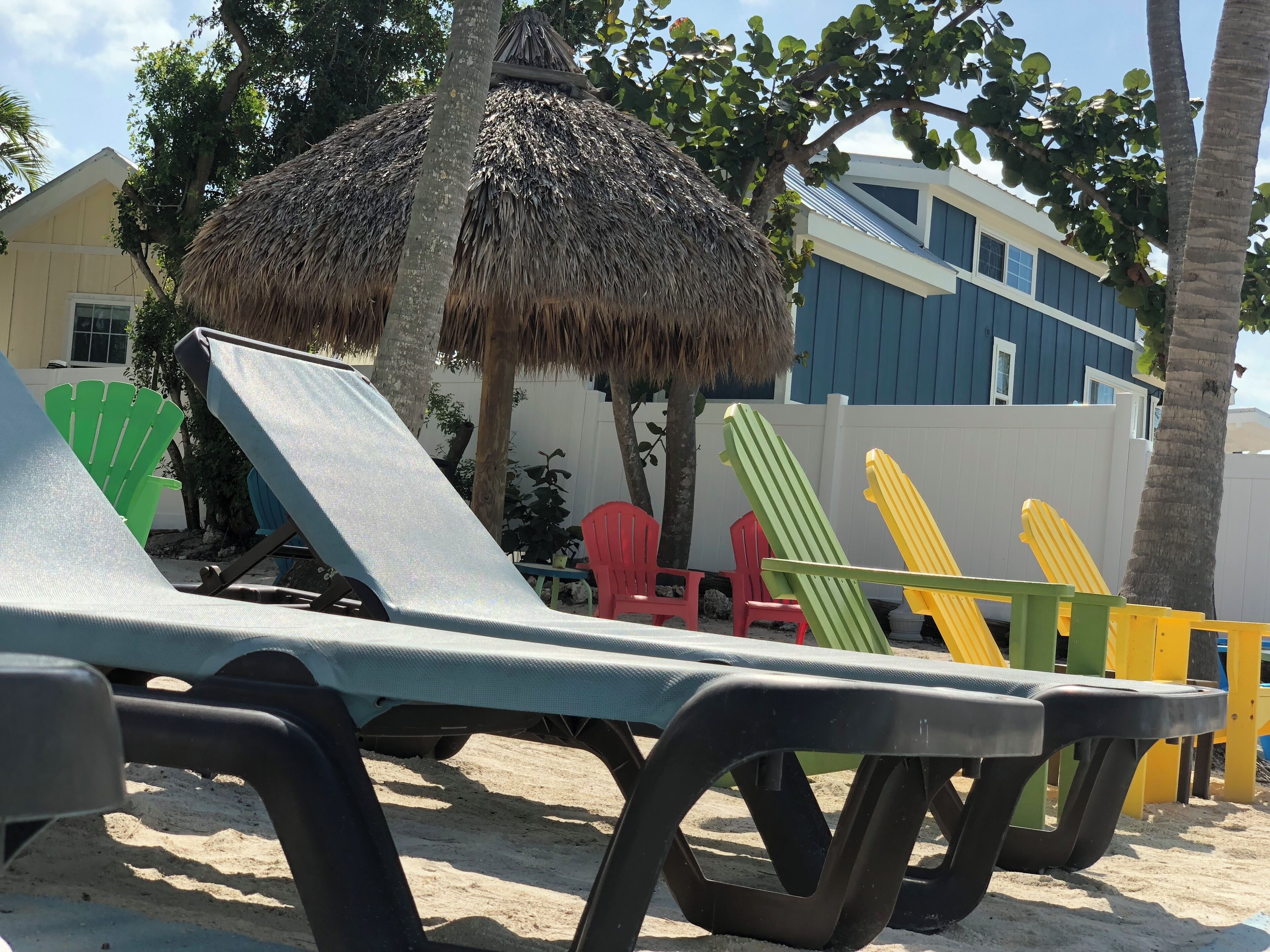 Beach chairs and a thatched umbrella in a sunny outdoor area with a building in the background.