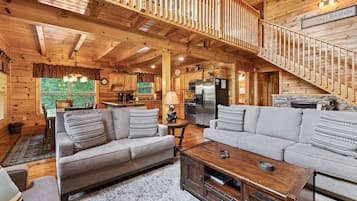 Cabin, Multiple Beds, Hot Tub, Mountain View (Triple Mountain View) | Living area | 50-inch flat-screen TV with digital channels, fireplace