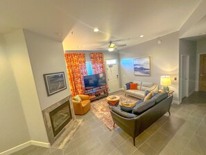 Smart TV, fireplace, books