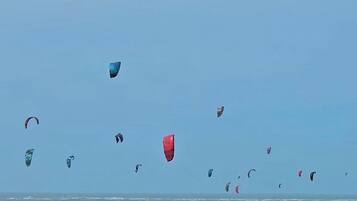 A beach with multiple people engaged in kite surfing, and several kites visible in the sky.