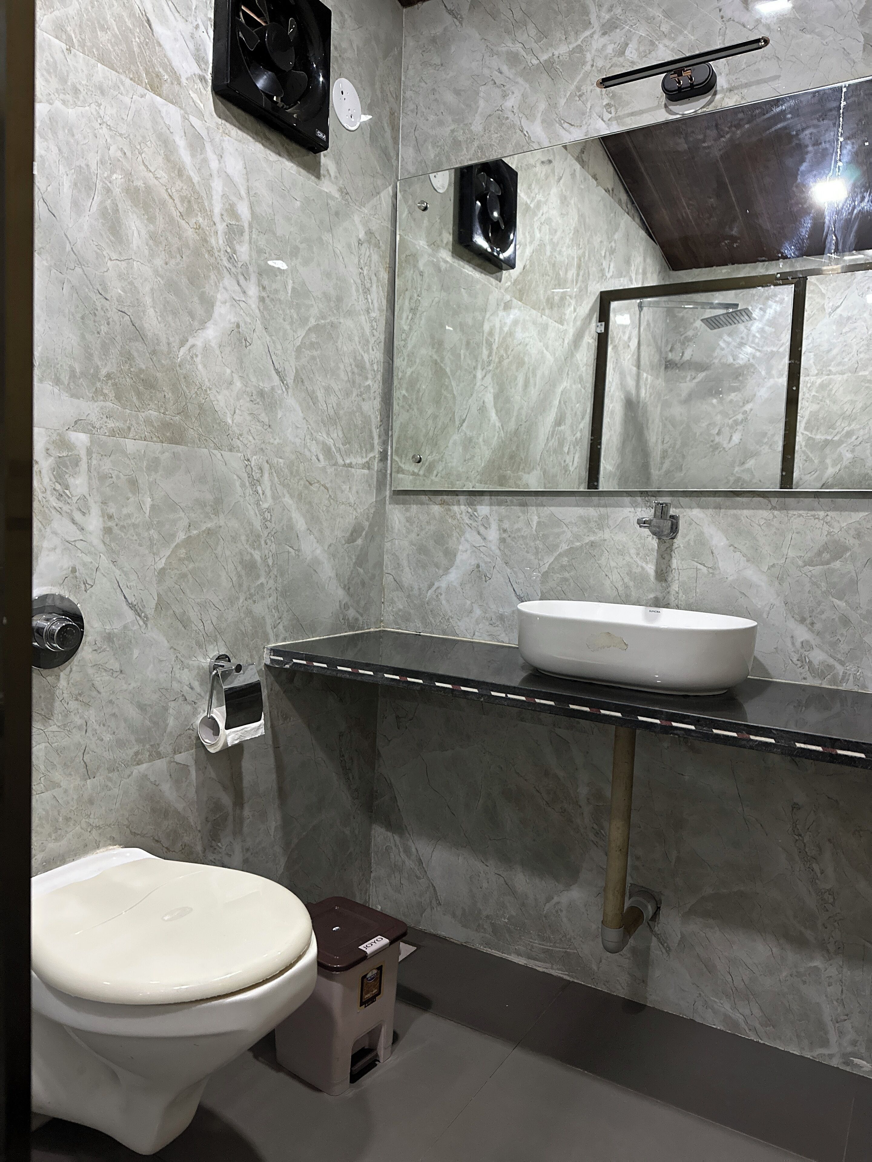 A bathroom with a toilet, a sink, a mirror, and a shower.