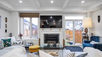 Smart TV, fireplace, books