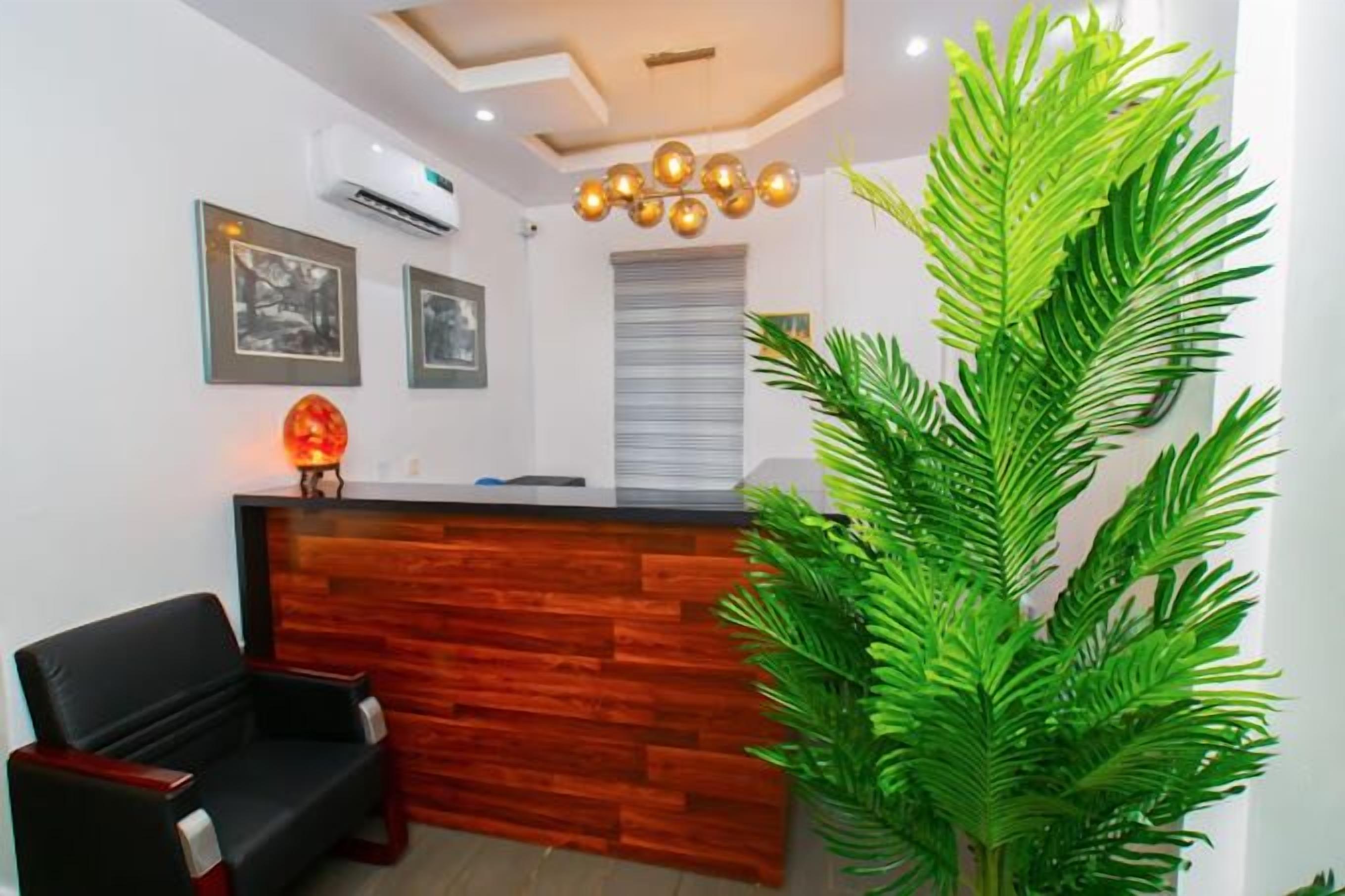 A reception area with a wooden reception desk, black leather chairs, a large green plant, and framed pictures on the wall.