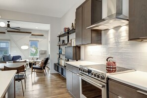 Fridge, microwave, oven, stovetop - High-End Modern Home: Mid-Century Style: 3 Bed, 3.5 Bath, Garage, GREAT LOCATION (Nashville)