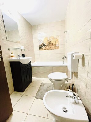 Sèche-cheveux, serviettes fournies, savon, papier toilette