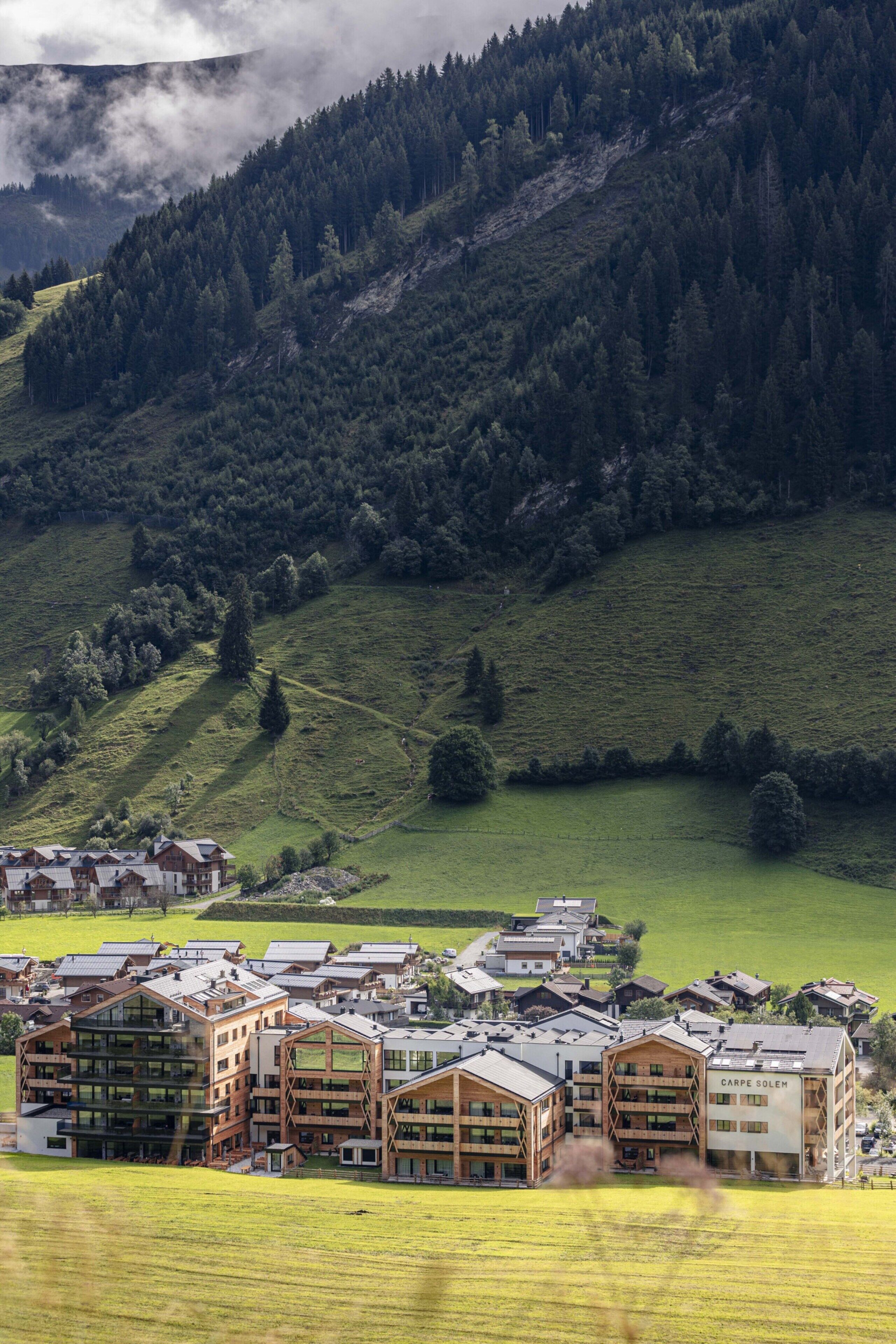 A cluster of modern buildings with a mix of wooden and glass facades, set against a backdrop of green hills and a forested mountain.