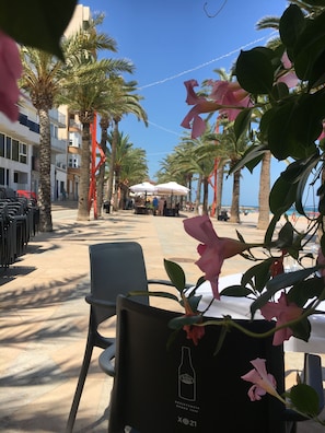 Un espace extérieur aménagé avec des tables et des chaises, des palmiers et une vue sur la plage.