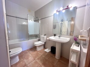 Shower, hair dryer, bidet, towels