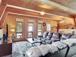 TV connectée, cheminée, livres