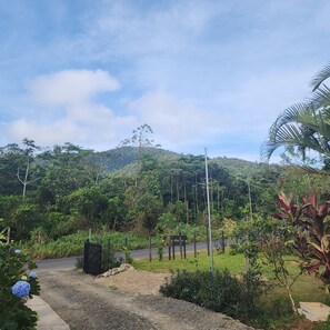 A rural landscape with a dirt road, a wooden fence, and a metal pole. - Cabinas El Pilon Rio Celeste (Katira)