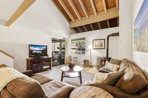 Smart TV, fireplace, foosball