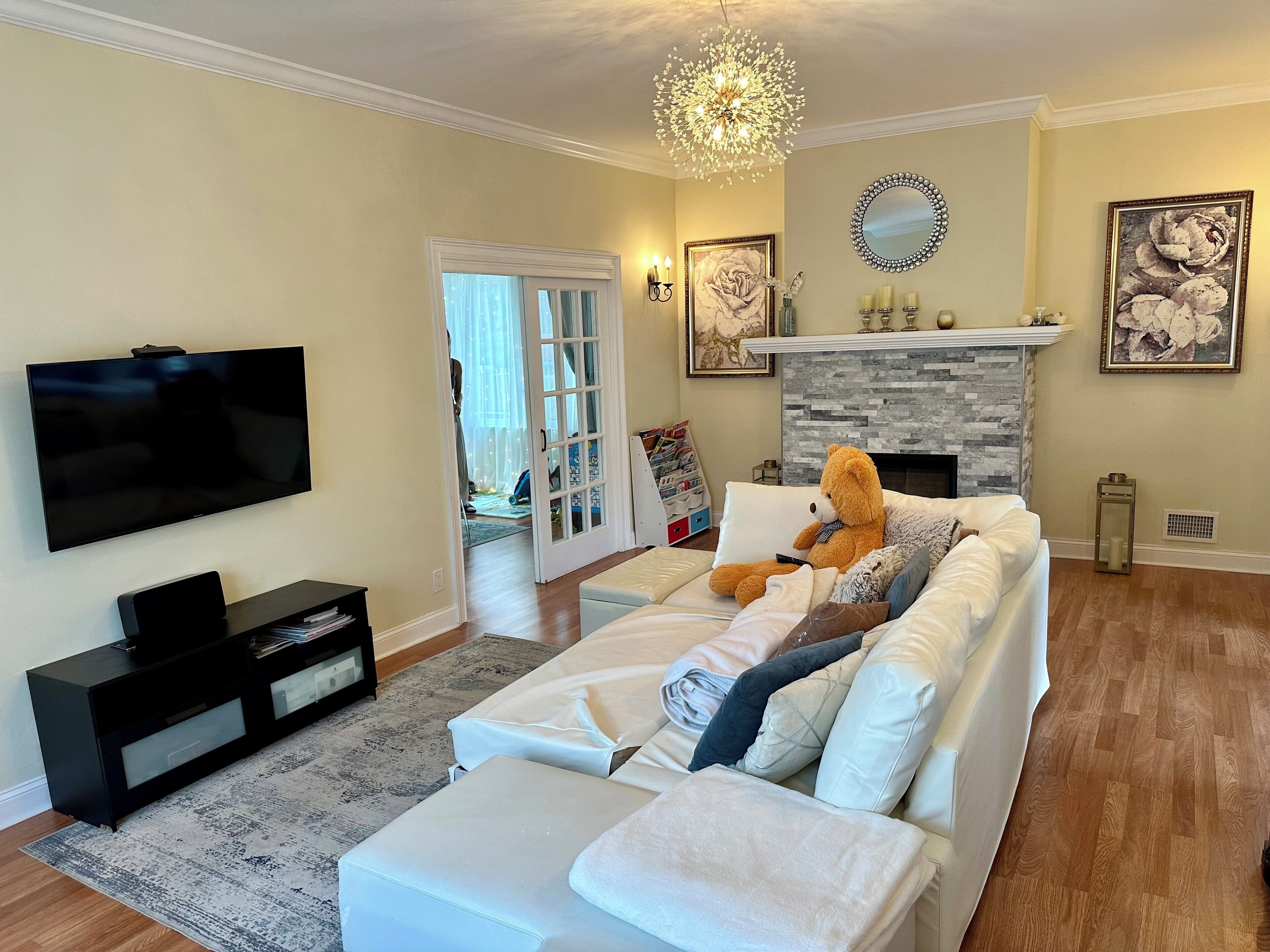 Smart TV, caminetto, libri