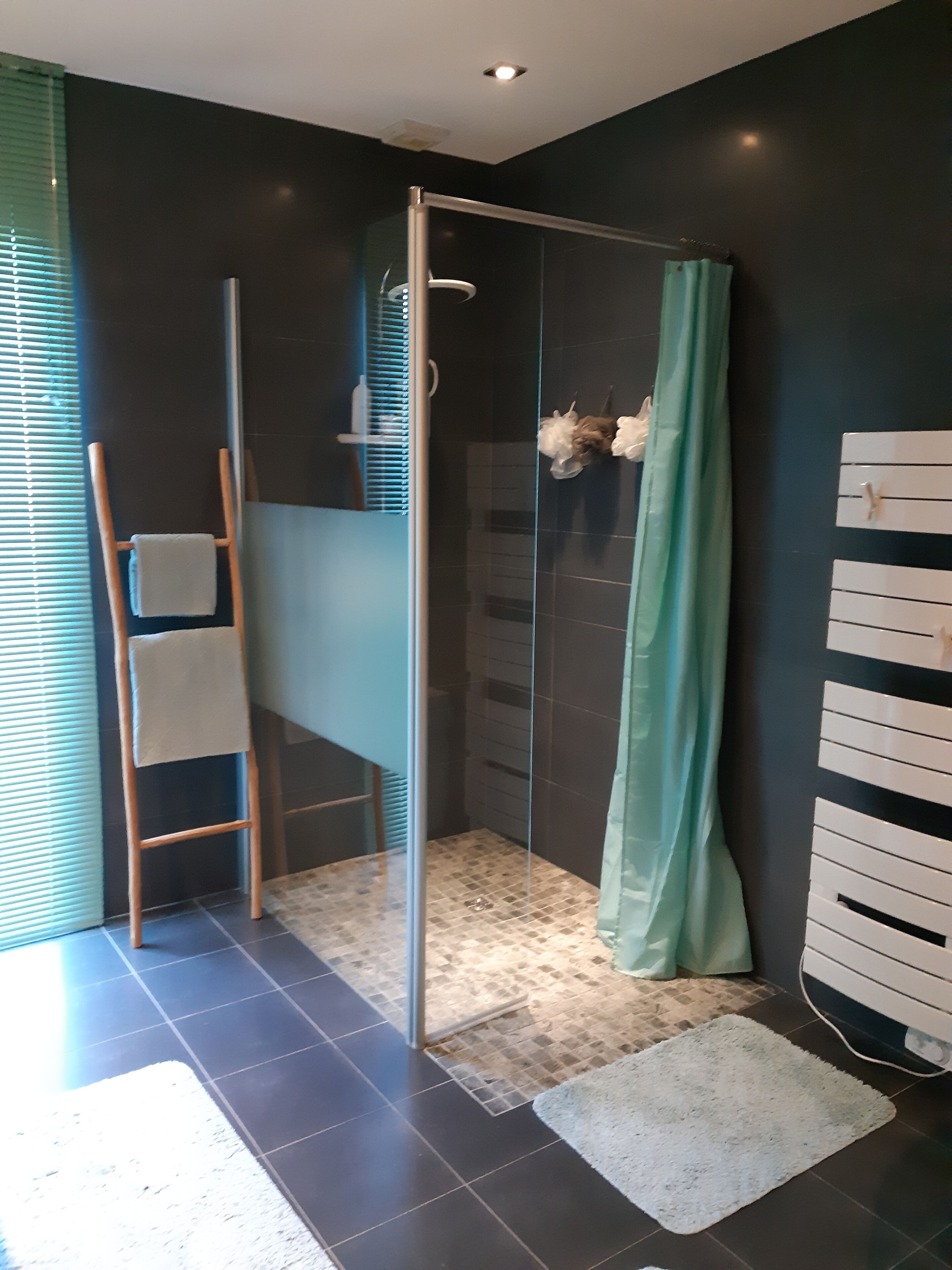 Een moderne badkamer met een douchecabine van glas, een houten trapje, een handdoekhouder en een wit opbergmeubel.