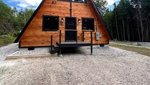 A triangular A-frame cabin with a front porch, a black door, and a small window.