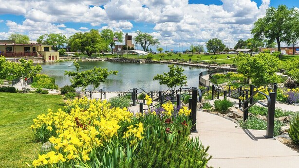 A park with a pond, walking paths, and yellow flowers.