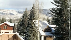 A cabin with a snow-covered roof, surrounded by evergreen trees and a mountainous backdrop.