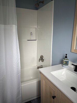 Hair dryer, towels, soap, toilet paper