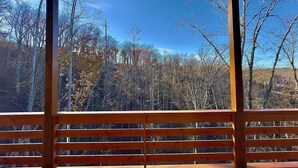 A wooden deck with a view of a forested area.