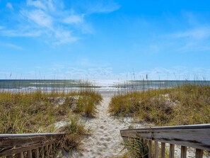 A sandy beach path leading to the ocean, surrounded by grass and a wooden fence.