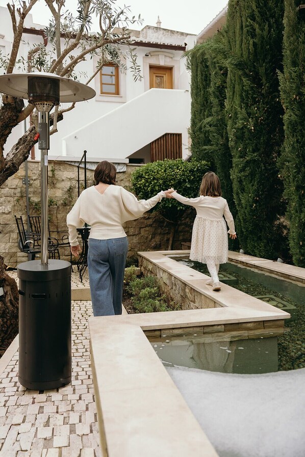 Un patio con un sendero de piedra, una fuente de agua y un alto árbol de hoja perenne.