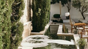 Un patio tranquilo con una pequeña piscina, bancos de piedra y varias plantas en macetas.