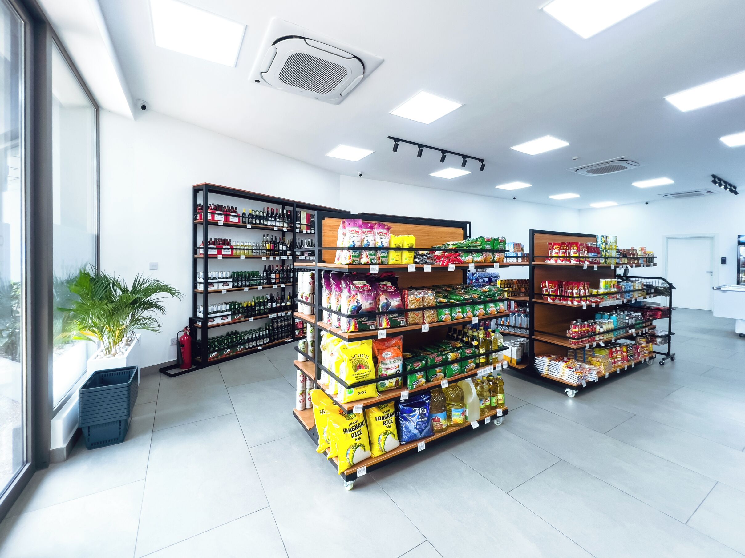 A well-lit grocery store with shelves stocked with various products, a potted plant, and a clean floor.
