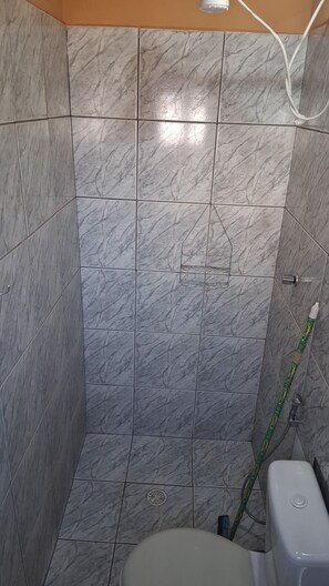 Chuveiro, secador de cabelo, toalhas de banho, papel higiênico