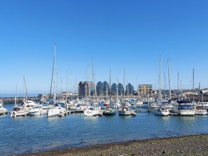Un port de plaisance où sont amarrés de nombreux bateaux, un ciel dégagé et des bâtiments en arrière-plan.