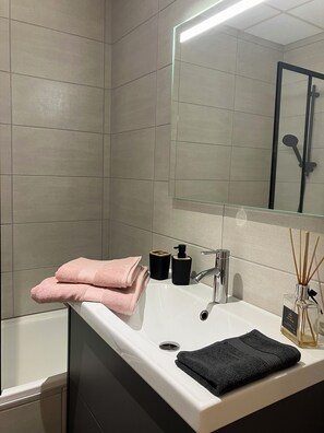 Hair dryer, towels, soap, toilet paper