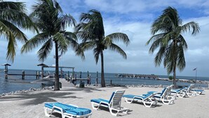 Ein Strand mit weißen Liegestühlen und Palmen.