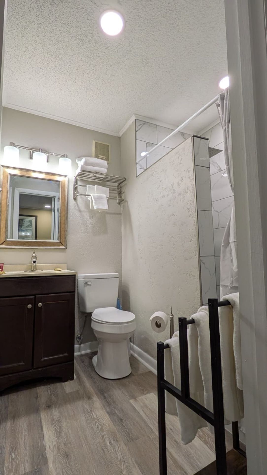 Hair dryer, towels, toilet paper