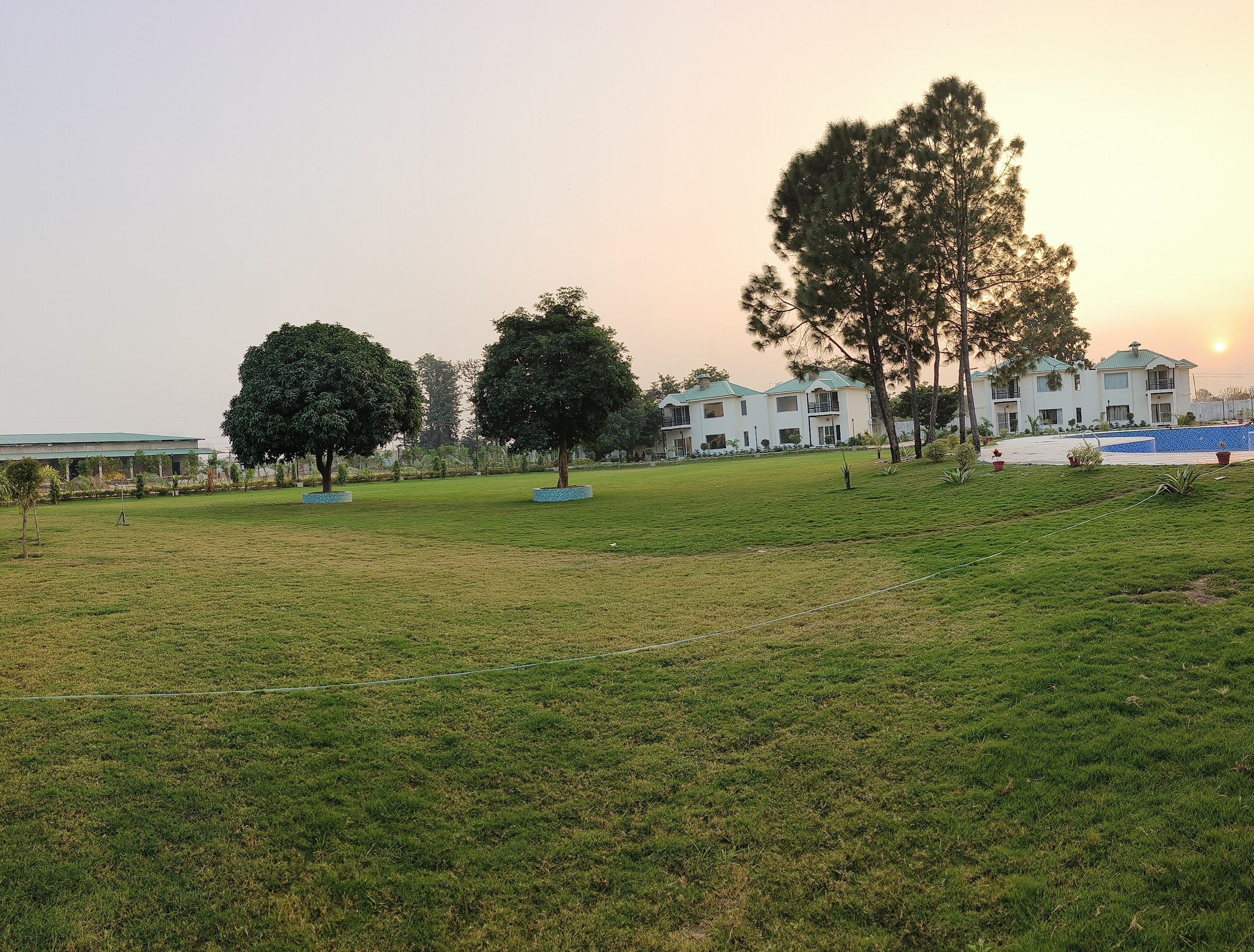 A grassy field with trees and a building with a green roof.