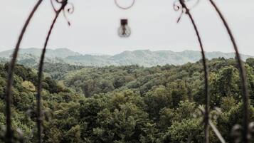 Un espacio circular con asientos al aire libre, barandilla de metal y vista a una cadena montañosa boscosa.