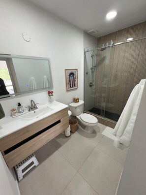 Dusche, Haartrockner, Handtücher, Seife